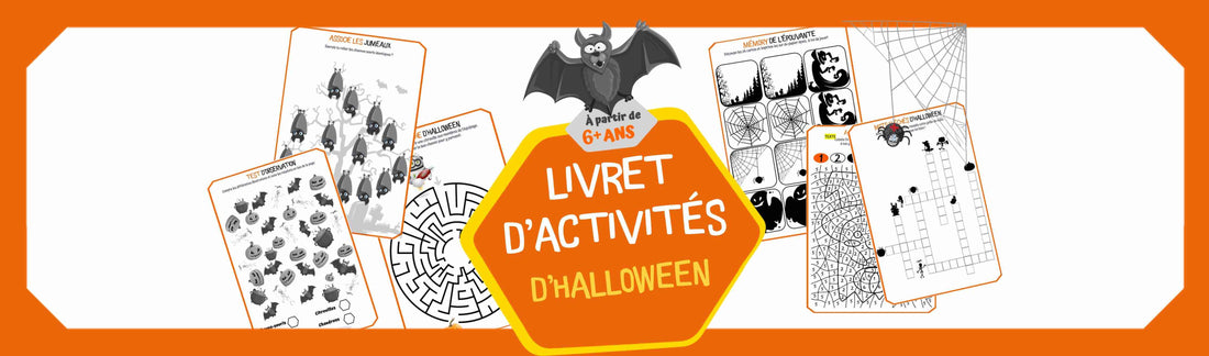 livret d'activités gratuit à télécharger en PDF pour divertir et occuper vos enfants pendant les vacances de la Toussaint et célébrer Halloween.  